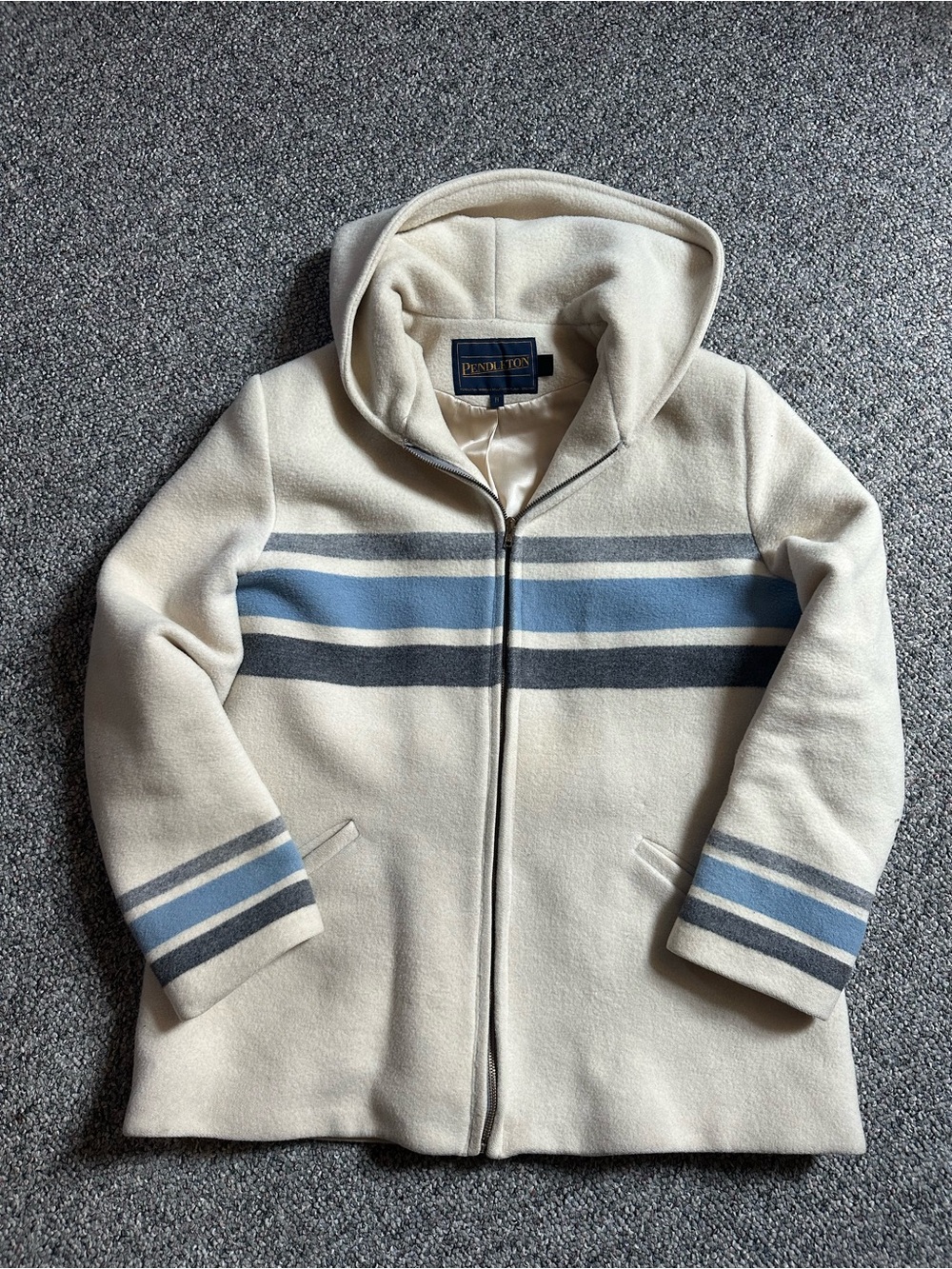 Pendleton Cream Hooded Zip-Up Jacket with Blue and Gray Stripes